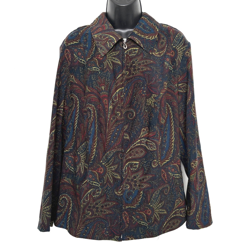 Paisley Boho VTG Woman Zip Front Print Top Size Navy Multicolor Hippy Shacket
